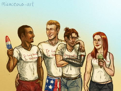 micaceous-art:no but nat, sam, steve, and bucky going to coney island on a crowded summer day becaus