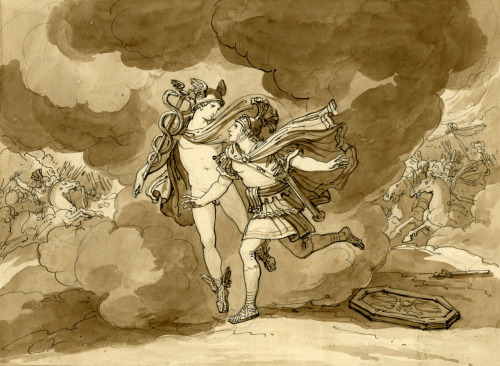 Bartolomeo Pinelli (Italian; 1781–1835)Mercury Protecting Paris in Battle Pen and grey ink, with bro