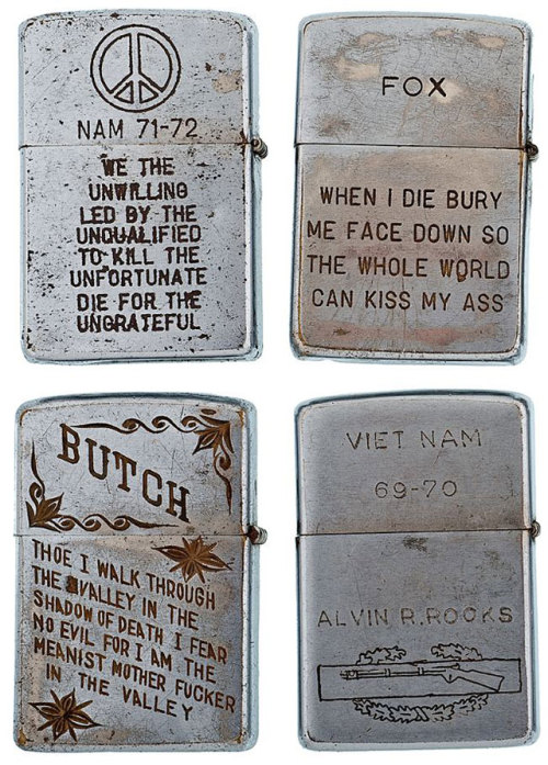 ultra-violence-blog:Engraved Zippo lighters from the Vietnam War. ~ Cowan’s Auctions