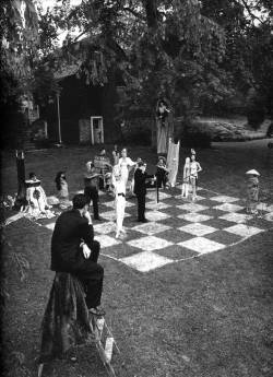 blog-artlover:Marcel Duchamp directs a life-size chess game, 1956
