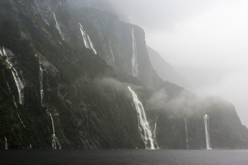 Ephemeral waterfalls at misty Milford Sound.Milford Sound, Fiordland, South Island, New Zealand