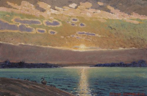 Sunset with seabirds   -   Sture Humbla , 1961.Swedish, 1897-1962Oil on panel , 27 x 41 cm.