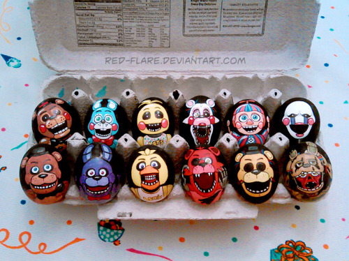red-flare:Happy Easter, everyone! :DFor those who don’t know, I paint themed Easter eggs every year. This year, I chose Five Nights at Freddy’s as my theme. Last year I did Marvel themed eggs. If you wanna see any of my previous year’s eggs all