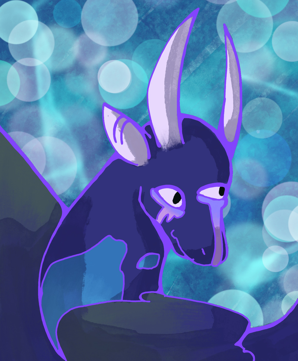 A bust drawing of a dark colored spiral dragon from the game Flight Rising, named Ryvin, with one wing extended and head slightly bowed.