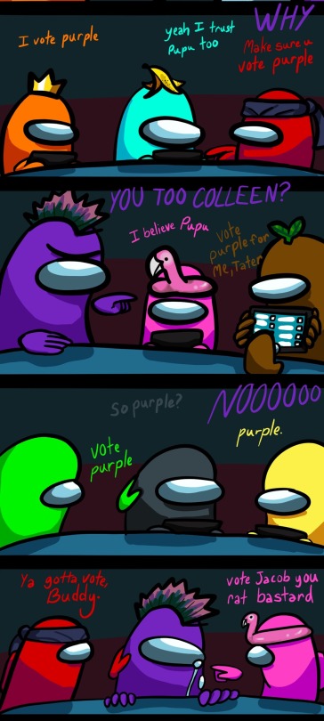 batsghoulsandghosties:I drew a comic of the funniest thing that’s ever happened to me while playing among us. It was me, five of my friends, two randos (yellow and black) and this guy Pupu. He did not speak much English, called an emergency meeting
