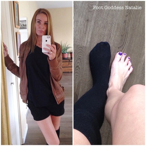footgoddessnatalie: Covering up my purple toes with some black knee socks!! :-) #foot #footfetish #f