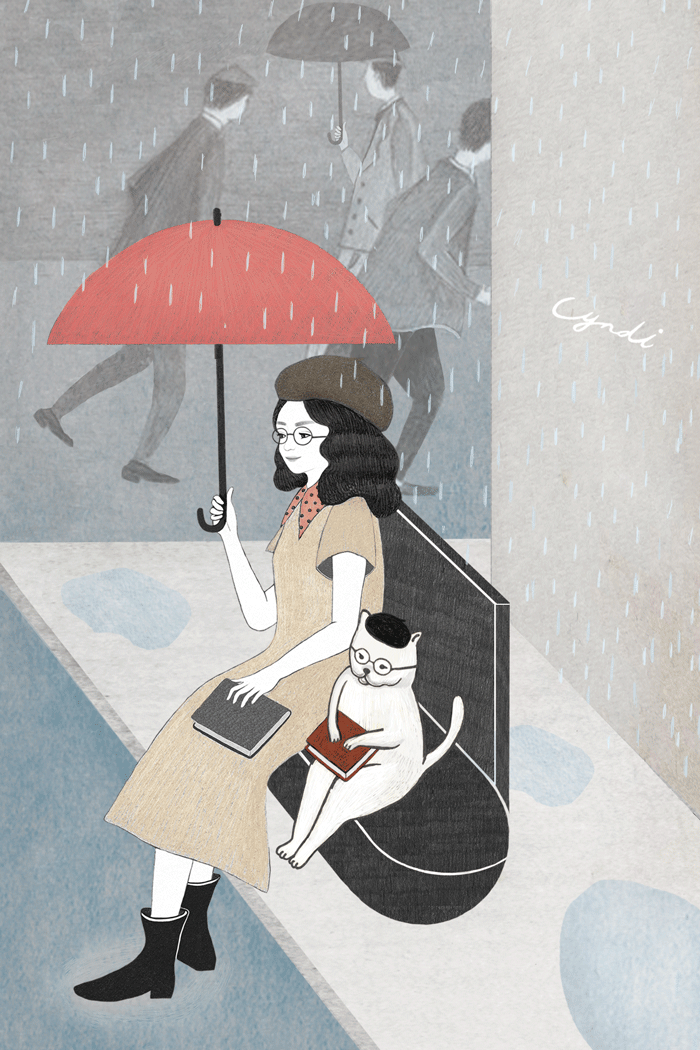 bibliolectors:Readers in the rain / Lectores bajo la lluvia (ilustración de Miss