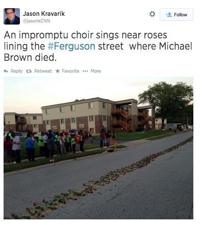 socialjusticekoolaid:  What they won’t show you on CNN tonight: Ferguson residents line a parade of roses down W Florissant, leading to where Mike Brown was taken from this world. #staywoke #powerful #insolidarity  