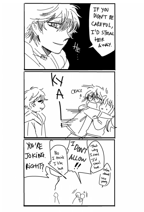emufaasu:  SaeyoungxMCxSaeran Maybe 707′s a little of OOC but I like drawing his reaction like that 
