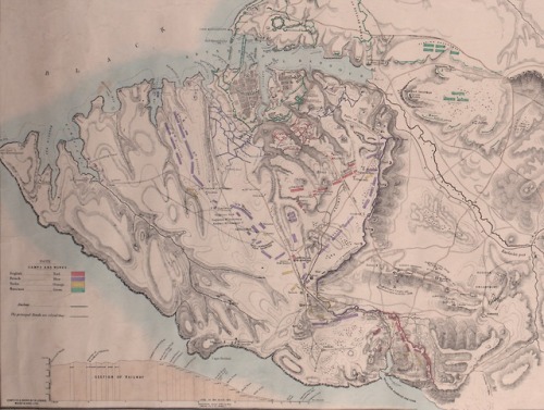 “The Seat of War in the Krimea,” 1855, showing English troops in red, French in blue, Ottomans in ye