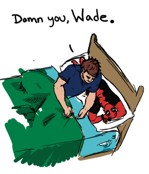 thegirlwithrocketshiptattoos:  Wade went into Peter’s place and stole all his pillows.Peter woke up on Deadpool’s crotch in the morning. the sequel to Deadpool’s dakimakura 