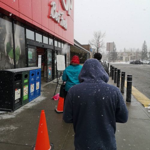 The New Norms In Calgary During The Pandemic. Snow And Lineups To Get In The Grocery Store. #coronavairus
