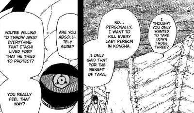 uchiha-red:  “kagura-shingan:  “ //I remembered this happening but couldn’t for the life of me find the panel in which it occurred.  But basically, this confirms that Karin, Juugo, and Suigetsu did NOT know that Sasuke planned to destroy all of Konoha,...