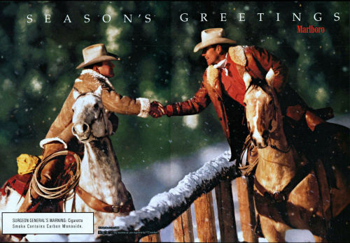 Philip Morris Inc, 1999 #Marlboro#ad#1999#cowboys#Christmas#advertisement#Marlboro Man#cigarette#Seasons Greetings#snow#winter#horses#cowboy#advertising#cigarettes#smoking