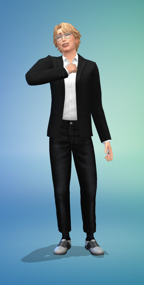 kusanagi izumo remade in the sims 4, with a fist pressed to his chest and eyes closed in CAS (animation for the loyal trait)
