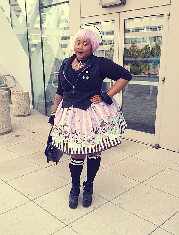 thebattyblackloli:  Day 1 of Otakon! Punk Nurse lolita! Skirt: Bunny and Black Jacket: