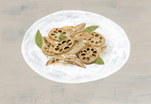 Fried lotus root. (By Fumi Koike.) This might be a more appropriate illustration for Trop Manger!