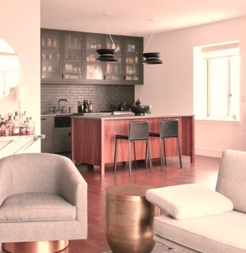 Family Room In New YorkHuge Minimalist Loft-style Medium Tone Wood Floor And Brown Floor Family Room