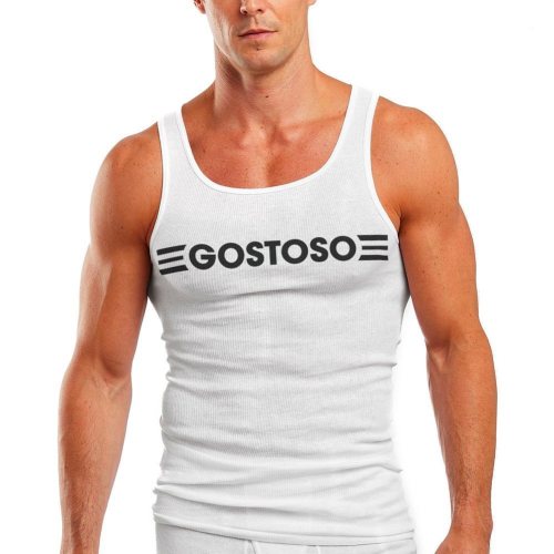 GOSTOSO LOGOTIPO STRIPES PRINT RIBBED TANK TOP IN WHITE, BLACK & GRAY. Available now exclusive