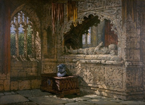 oldpaintings:Tomb in the Crypt of Arundel Castle by Samuel Rayner (English, 1806–1879)
