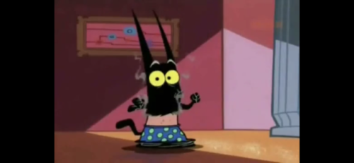 Mr. Blik accidentally getting his fur lasered off, revealing that he is in fact a boxers kind of guy.  From Catscratch episode Zombie Party A-Go-Go