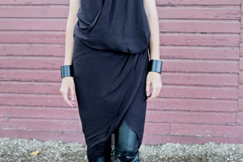 Fashion blogger Ania B. in helmut lang dress, club monaco leather leggings, h&amp;m cuffs a