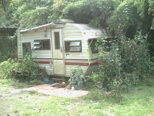cowbabyteardrops-blog: little mobile home in our yard, my mom had the prettiest flowers around it un