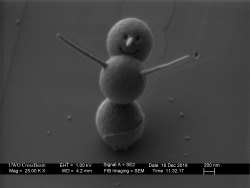 nanofabrication: The World’s Smallest Snowman stands less than 3 microns tall.  The snowman was fabricated from three 0.9 micron silica spheres stacked with the use of electron beam lithography.  The eyes and mouth were cut with a focused ion beam