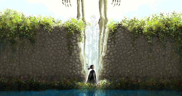 A very large landscape painting, in the bottom centre of which Harrow is standing in her black outfit and white lyctor cloak with the sword strapped to her back, looking around her. Behind Harrow is a giant wall of aged white stone, which is overgrown with greenery which is lit up by the bright sunlight from a blue sky. There is an opening in the wall of stone through which the light is pouring in, bathing Harrow's outline in white. and behind that opening, a giant skeleton can be seen, so large that it extends above the image frame, and can only be seen below the waist. Behind the skeleton, for scale are several tall trees misted with distance, all of which are much shorter than the skeleton. Harrow is standing in an overgrown mess of grass and greenery and red and blue flowers, and in front of her is a brilliantly blue lake, in which she and the overgrown greenery are reflected. Harrow has dark skin and shoulder-length hair.