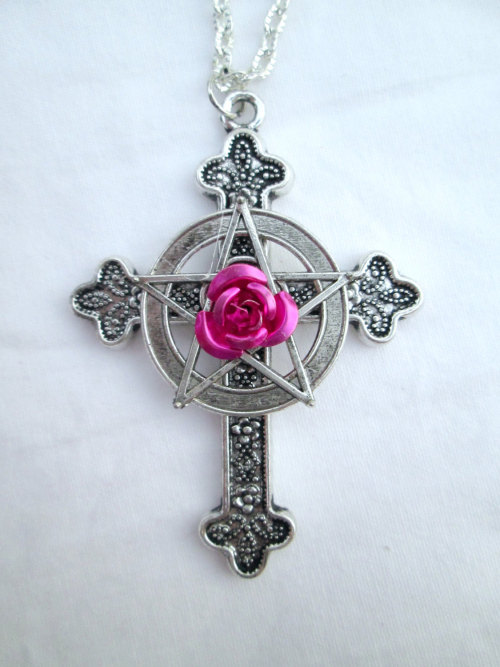 Fuschia Pink Rose Christo-Pagan Pentacle Cross Necklace