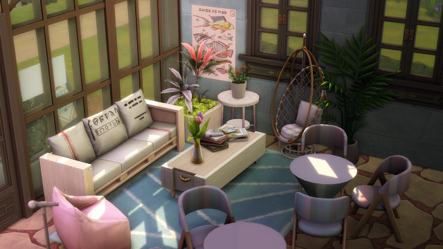 Lounge area of a thrift store built in The Sims 4.