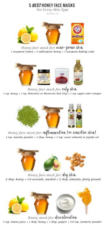 Guide to Homemade Honey Masks InfographicMake homemade honey masks for any skin type:Acne-prone skin