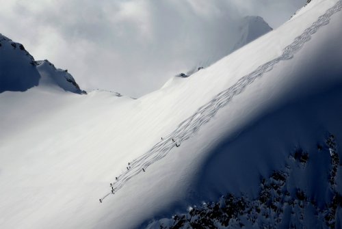 Heliskiers on Conrad Icefield, Bugaboos. Photo and caption by Bradford White / National Geographic T