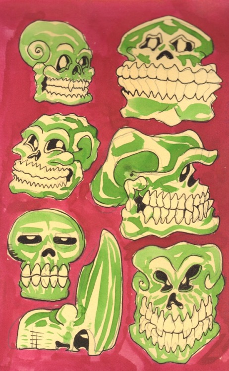 Skulls, skulls!  And MORE skulls!   Yeah, this was what I was doing covertly while the whole “inktober” thing went down. Ink and/or watercolor on paper, 5"x8", Matt Bernson 2013