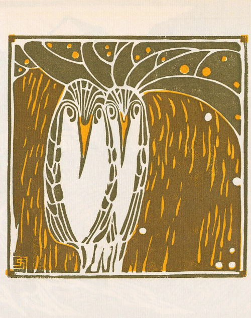Jutta Sika, Owls, from the magazine Ver Sacrum, 1903. Color wood cut. Vienna. Via University of Heid