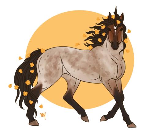 teacupchimera:continuing with the tertiary colors, we’ve got a bay roan with california poppies fo