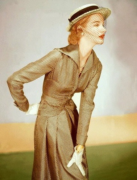 theniftyfifties:  Sunny Harnett wearing a silk twill suit by Jose Martin, 1951. 