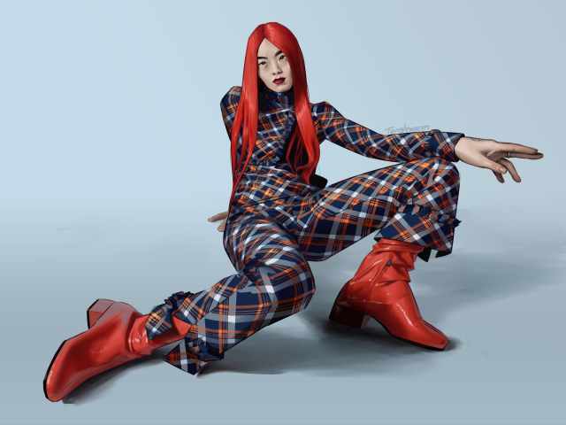 An illustrated photostudy of Rina Sawayama in a dynamic pose. She is wearing orange boots and a plaid-patterned jumpsuit.