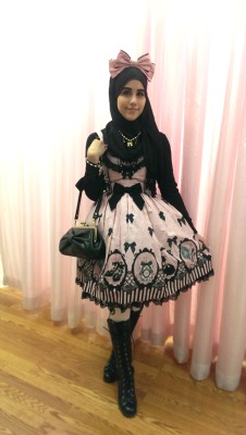 thehijabilolita:  My coord for an event at Fairytale Boutique tonight.    Coord Rundown:  -JSK/Otks/Headbow: AP Cinema Doll -Blouse: Forever 21 -Accessories: AP/Milk -Boots: Bodyline 224