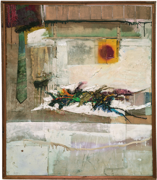 artist-robert-rauschenberg:

Rhyme, Robert Rauschenberg, 1956, MoMA: Painting and SculptureFractional and promised gift of Agnes Gund in honor of Richard E. OldenburgSize: 48 ¼ x 41 1/8" (122.6 x 104.4 cm)Medium: Fabrics, necktie, paper, oil, enamel, pencil and synthetic polymer paint on canvashttps://www.moma.org/collection/works/79401 #museumarchive#robertrauschenberg#museumofmodernart