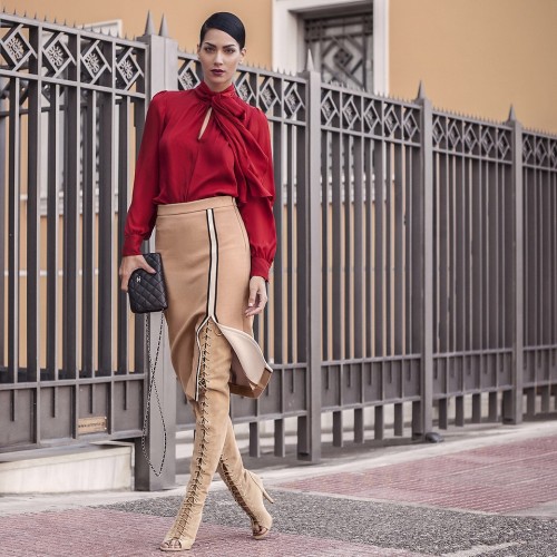 Fashion blogger Konstantina Tzagaraki from serialklother in Choies Camel Lace-up Over Knee