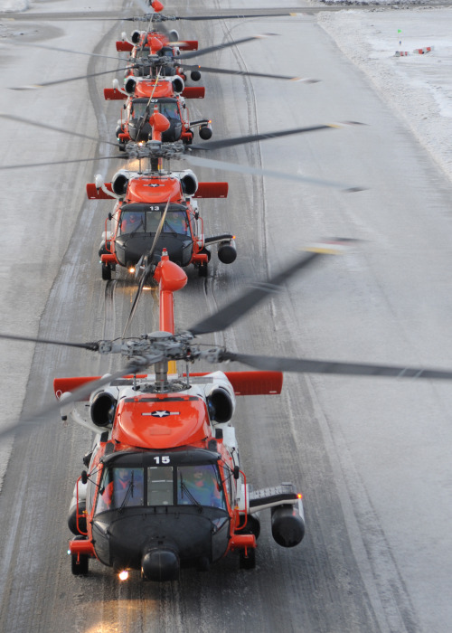 fcba:Four US Coast Guard MH-60 Jayhawks taxi at Air Station Kodiak, Alaska, in December, 2009. (USCG