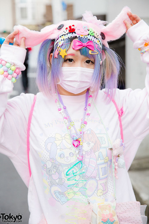 tokyo-fashion:  Maro on the street in Harajuku wearing a pastel look that features a Manamoko sweatshirt, My Little Pony sackpack, loose socks, and accessories from 6%DOKIDOKI and SPANK!. Full Look 