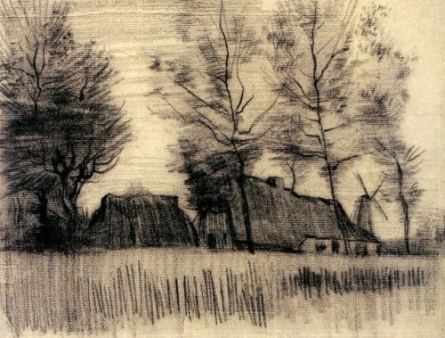 artist-vangogh:  Landscape with Cottages and a Mill, 1885, Vincent van GoghMedium: chalk,paperhttps://www.wikiart.org/en/vincent-van-gogh/landscape-with-cottages-and-a-mill-1885