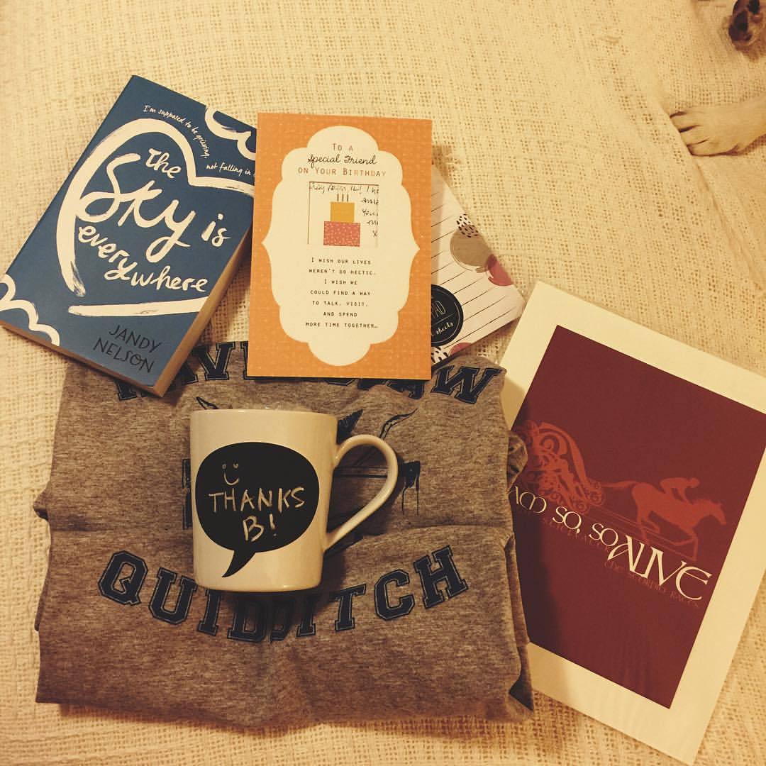 My best friends are so awesome, guys. Yesterday @withthebanned sent me amazing stuff for my birthday and today @bookaddictsguide sent me more amazing stuff. I love the chalkboard mug and the Ravenclaw shirt! And YAY another edition of The Sky Is...