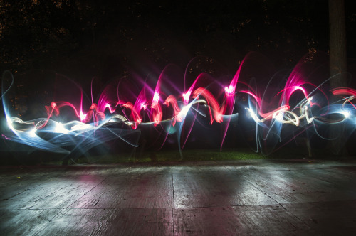 visionmongering:  Tonight, in the gross humid weather I grabbed youruffledmyruffalo and zamzuki for testing out new tools for light painting. The tools themselves could use some more work to make them more sturdy, and the lights need to be brighter for