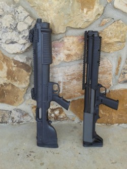 gunrunnerhell:  Bullpup Battle The one on the left is a Remington 870 in a Bullpup Unlimited chassis kit next to the more familiar Kel-Tec KSG12. Considering the price of the kit (踇.00) and the price of a Remington 870, it’s going to be a lot more