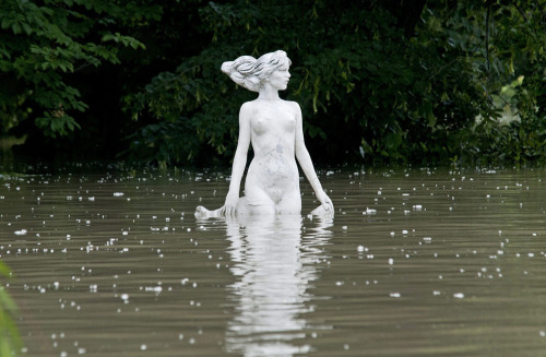 politics-war:A statue in the floodwater of the Moson branch of River Danube in Gyor, 120 km west of 