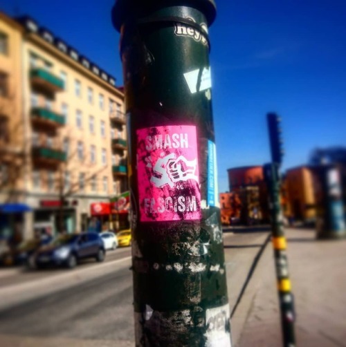 Anarchist and antifascist stickers seen around Stockholm