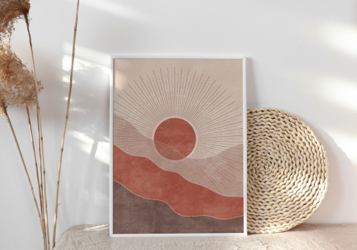 Boho sun and moon prints set of 2, Neutral beige and terracotta decor, Modern printable wall art on 